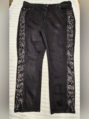 DG2 by Diane Gilman Rhinestone/Embroidered Tuxedo Stripe Jeans- Size 18WP